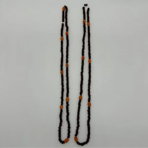 Seed Necklaces Beaded Handmade Natural Orange Brown Botanical Folk Art Set of 2 - Picture 3 of 8